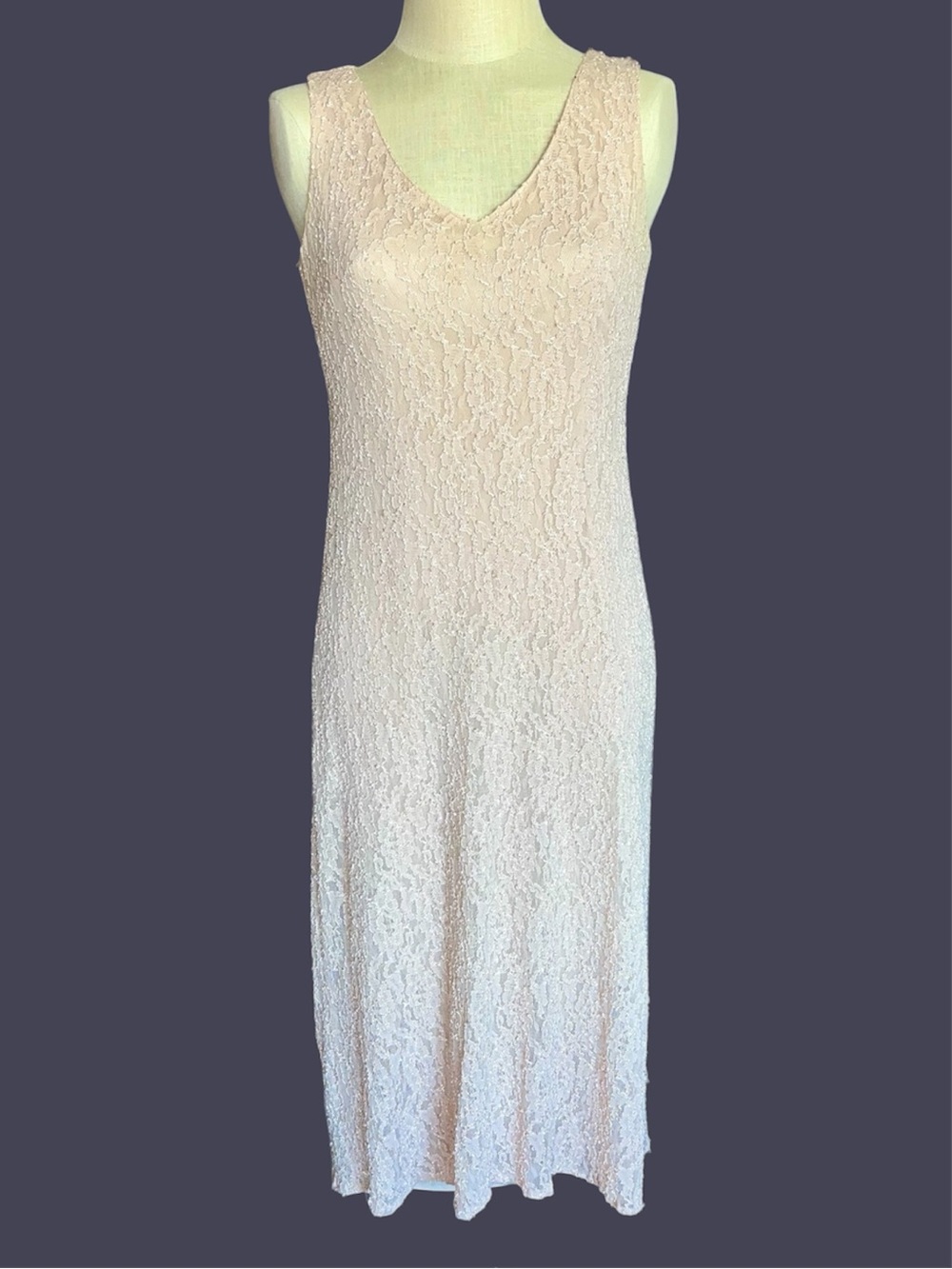 💗Vintage SL Fashions Blush Pink Lace V‑Neck Stretchy Slip Dress Evening Gown